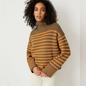 NWT Ann Taylor Striped Turtleneck Sweater Medium Brown Orange Ribbed Knit